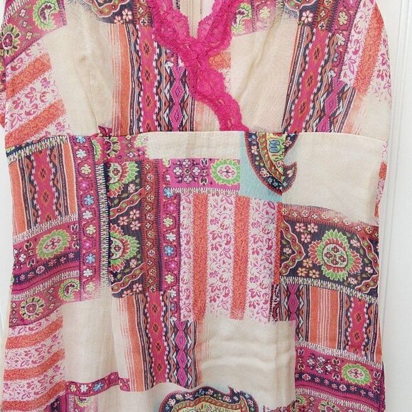 Vtg 90s Y2K Surplice Sheath Dress Size M V Neck Mesh Paisley Print Lace Pink - Picture 3 of 8